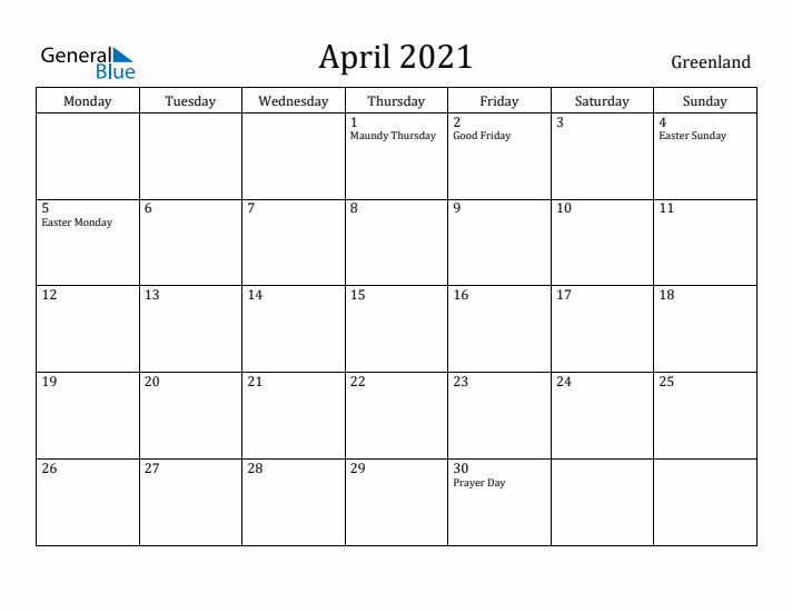 April 2021 Calendar Greenland