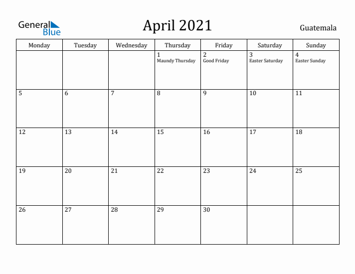 April 2021 Calendar Guatemala