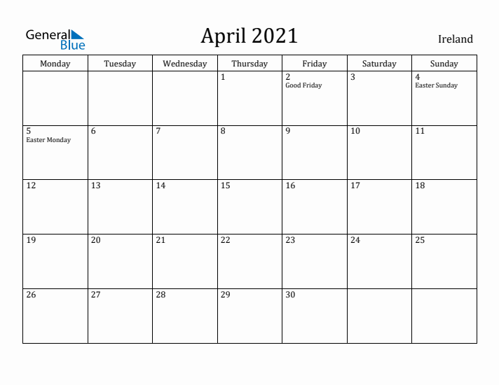 April 2021 Calendar Ireland