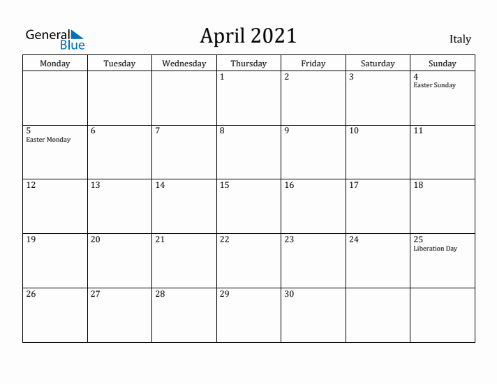 April 2021 Calendar Italy