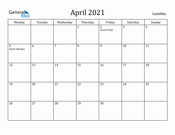 April 2021 Calendar Lesotho