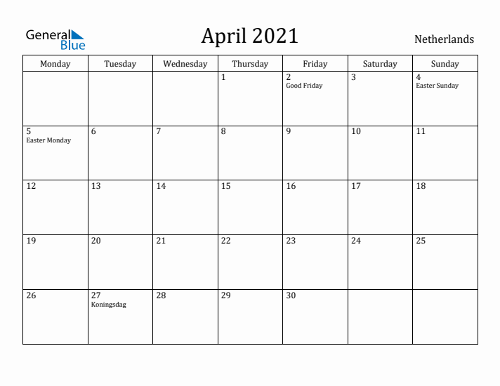 April 2021 Calendar The Netherlands