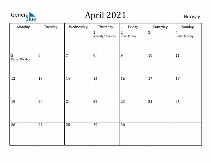 April 2021 Calendar Norway