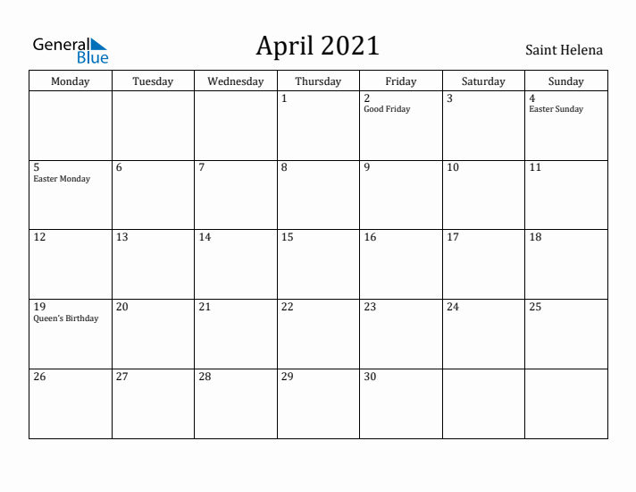 April 2021 Calendar Saint Helena