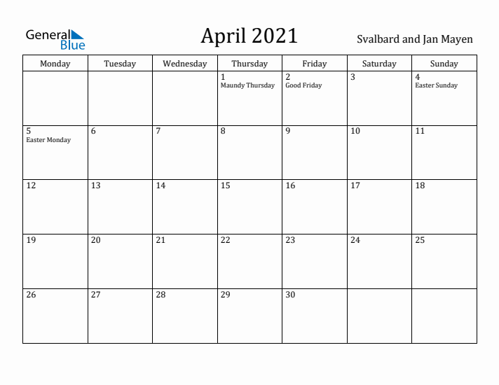 April 2021 Calendar Svalbard and Jan Mayen