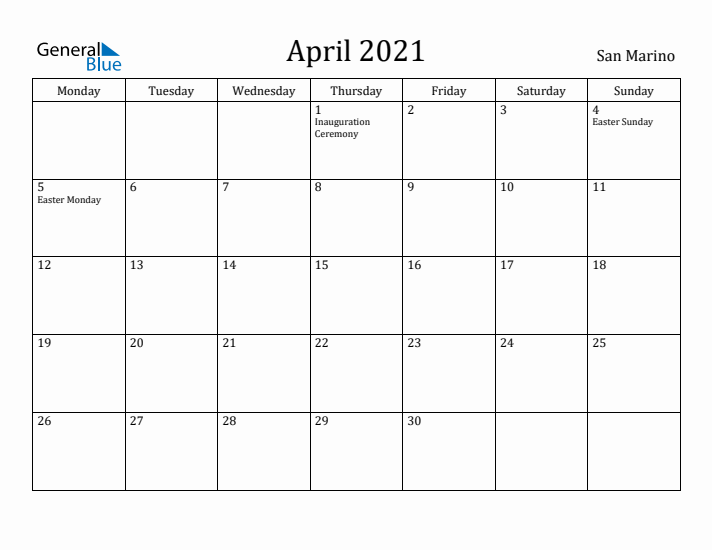 April 2021 Calendar San Marino