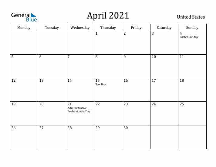 April 2021 Calendar United States