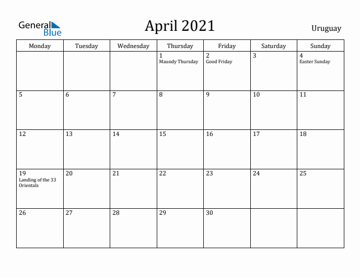 April 2021 Calendar Uruguay