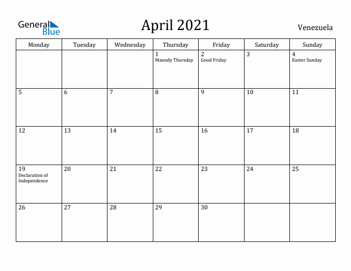 April 2021 Calendar Venezuela