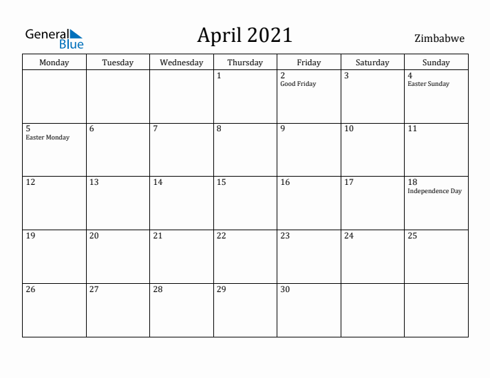 April 2021 Calendar Zimbabwe