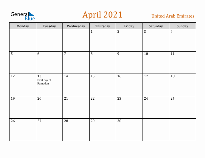 April 2021 Holiday Calendar with Monday Start