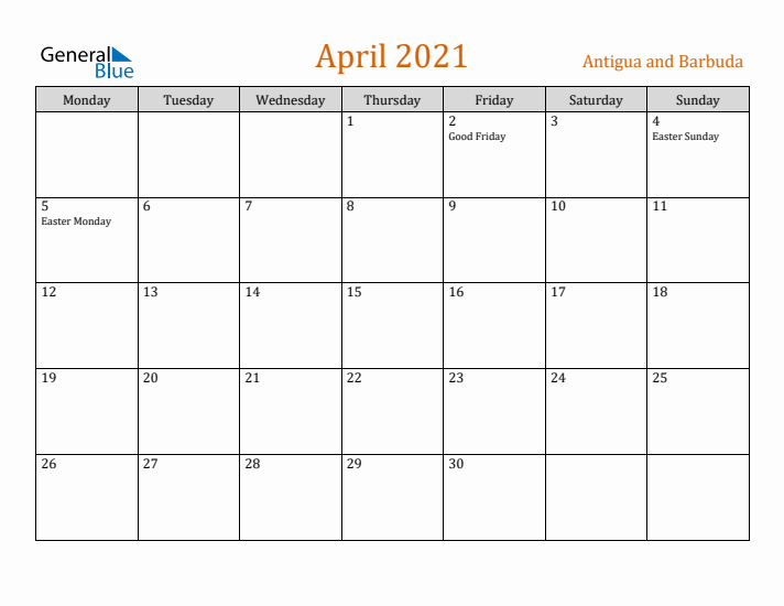 April 2021 Holiday Calendar with Monday Start