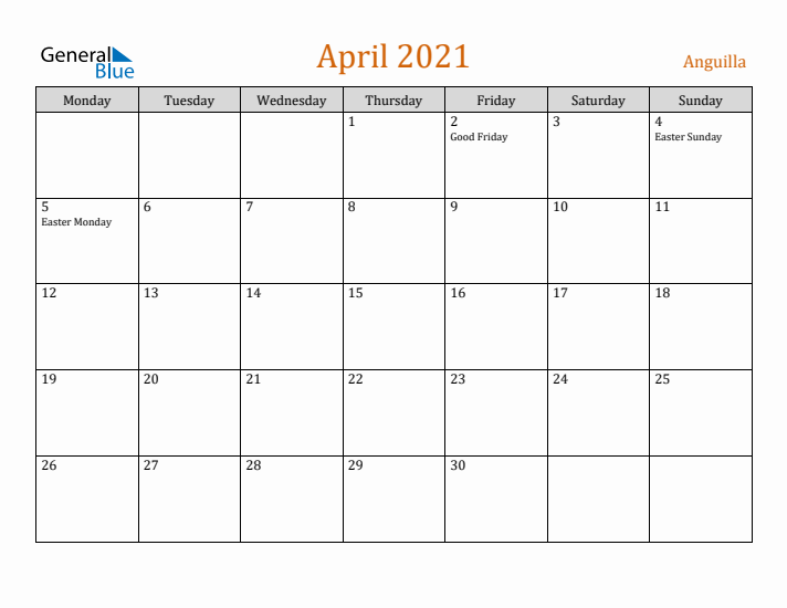 April 2021 Holiday Calendar with Monday Start