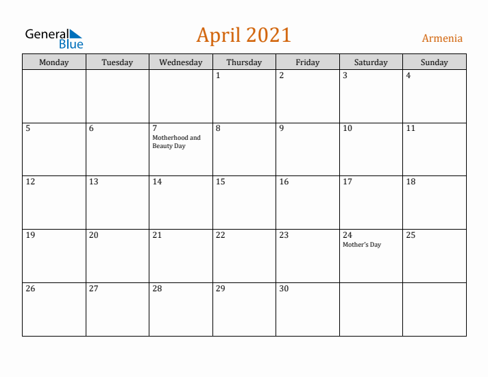 April 2021 Holiday Calendar with Monday Start