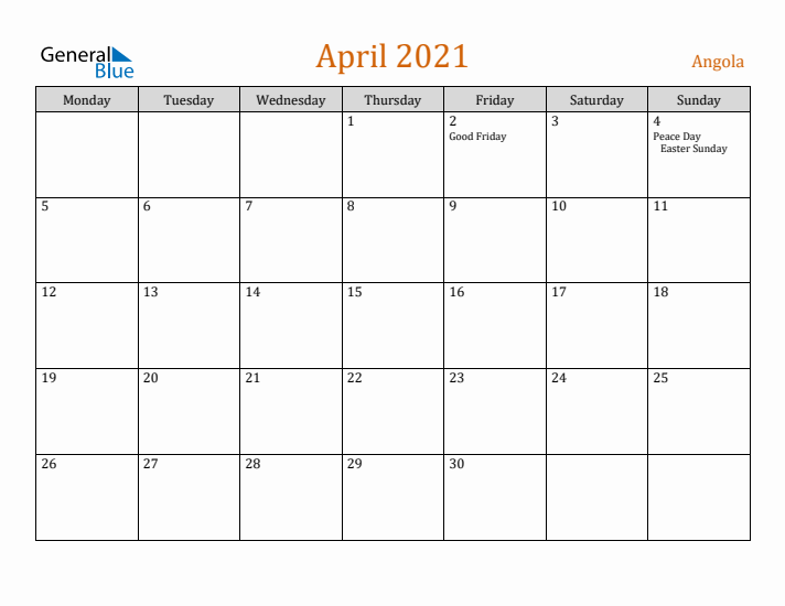 April 2021 Holiday Calendar with Monday Start