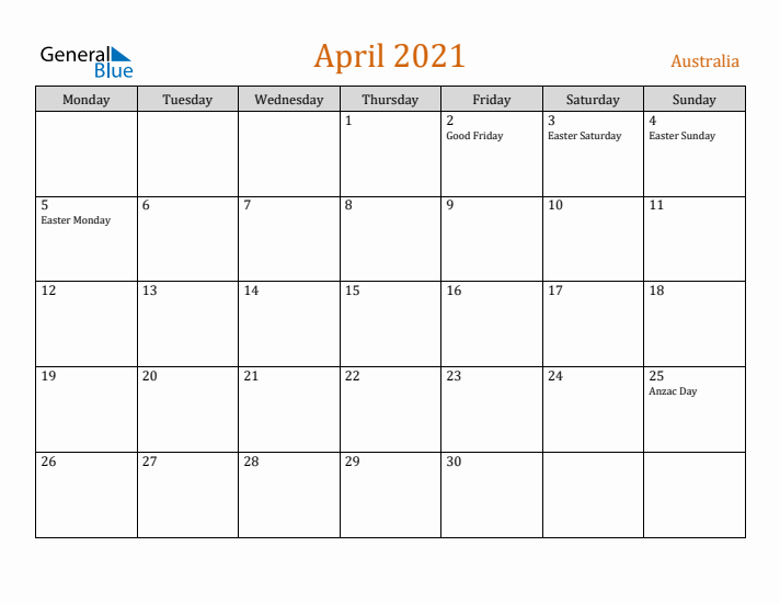 April 2021 Holiday Calendar with Monday Start