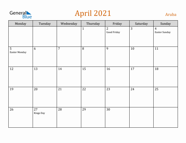 April 2021 Holiday Calendar with Monday Start