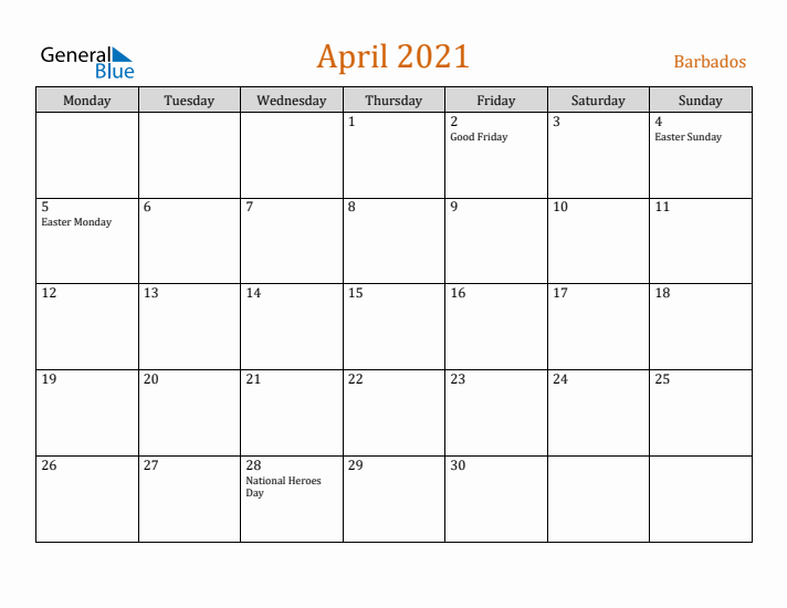 April 2021 Holiday Calendar with Monday Start