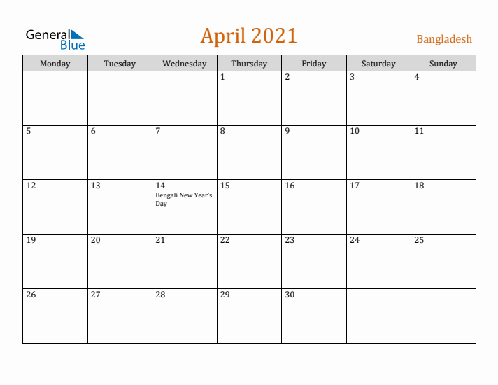 April 2021 Holiday Calendar with Monday Start