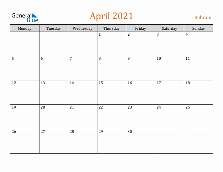 April 2021 Holiday Calendar with Monday Start