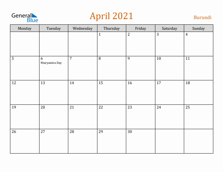 April 2021 Holiday Calendar with Monday Start