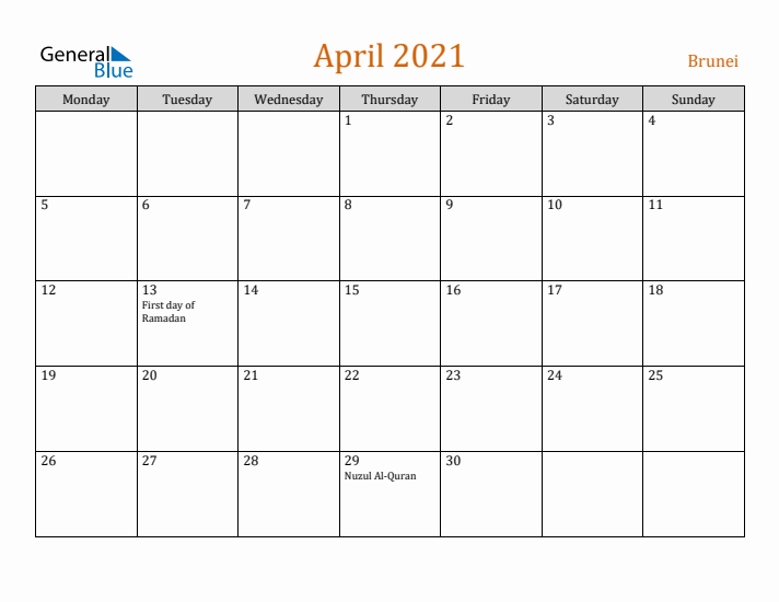 April 2021 Holiday Calendar with Monday Start