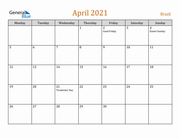 April 2021 Holiday Calendar with Monday Start