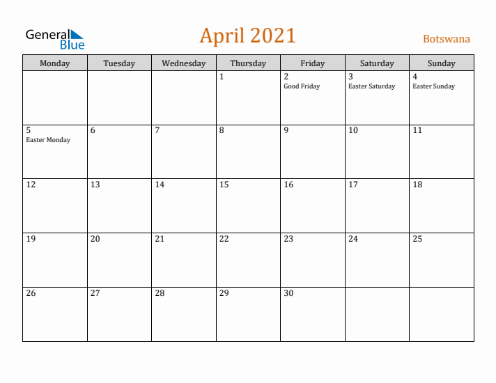 April 2021 Holiday Calendar with Monday Start