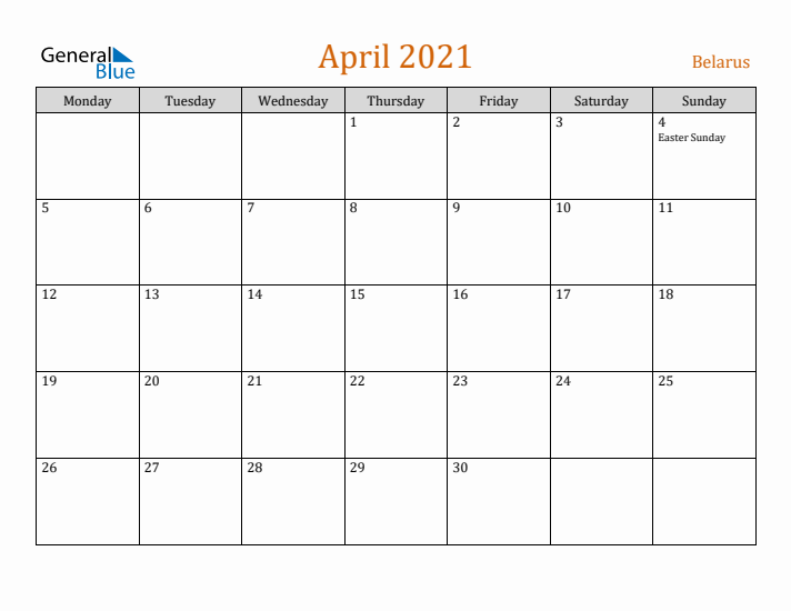 April 2021 Holiday Calendar with Monday Start