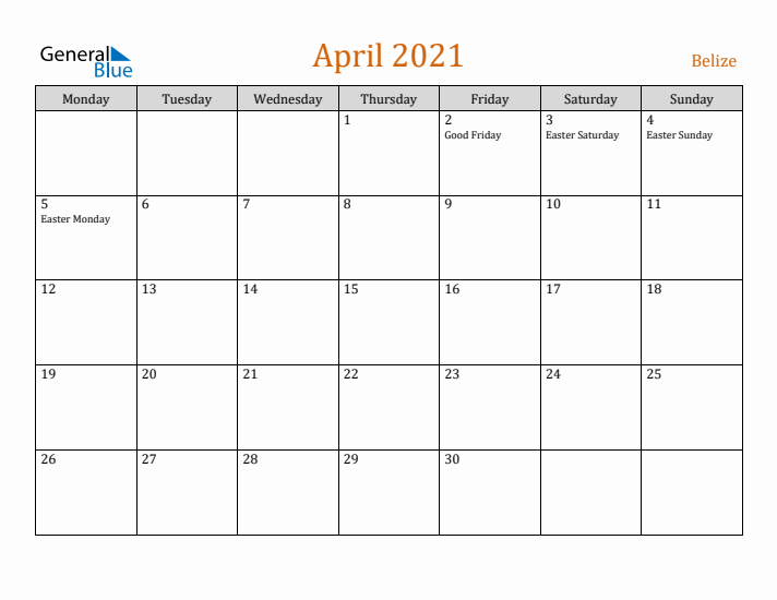 April 2021 Holiday Calendar with Monday Start