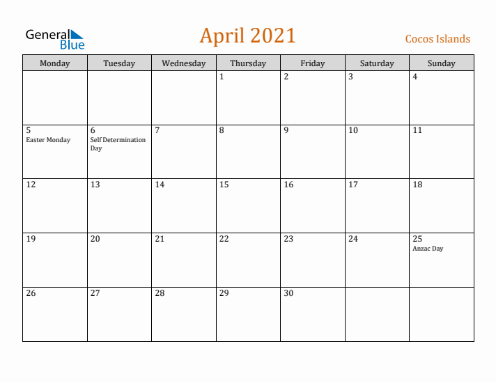 April 2021 Holiday Calendar with Monday Start