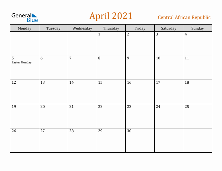 April 2021 Holiday Calendar with Monday Start