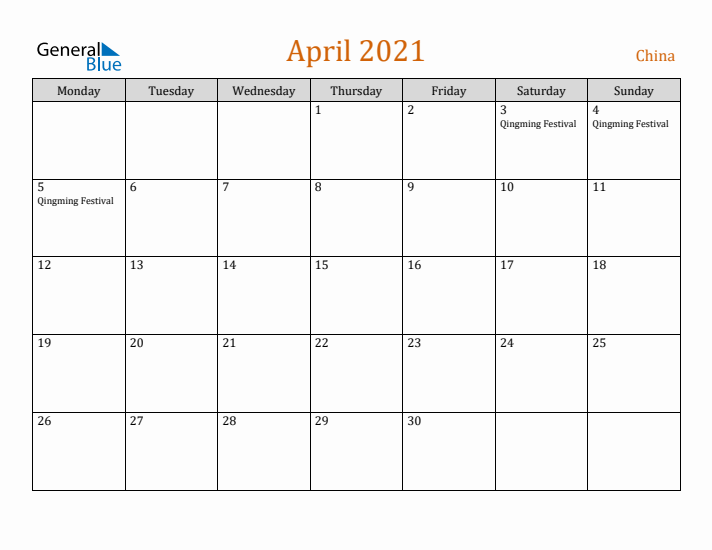 April 2021 Holiday Calendar with Monday Start