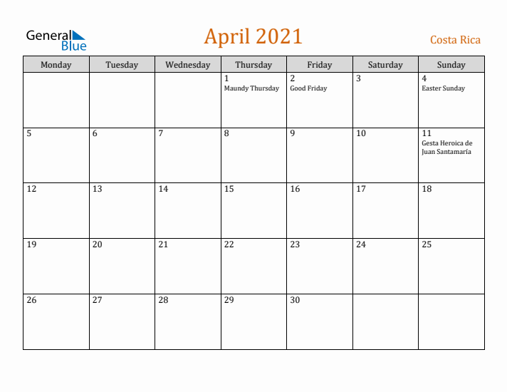 April 2021 Holiday Calendar with Monday Start