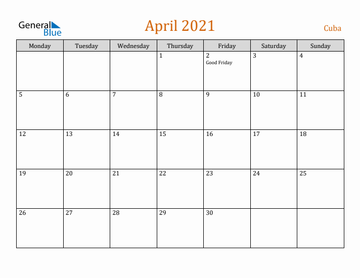 April 2021 Holiday Calendar with Monday Start