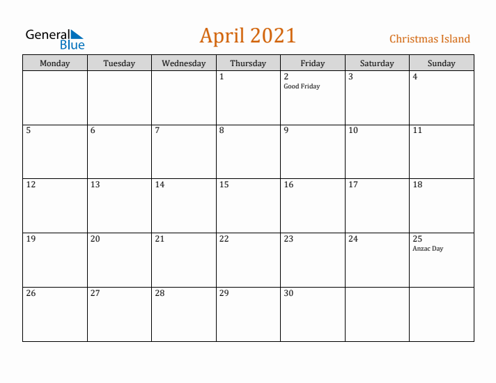 April 2021 Holiday Calendar with Monday Start