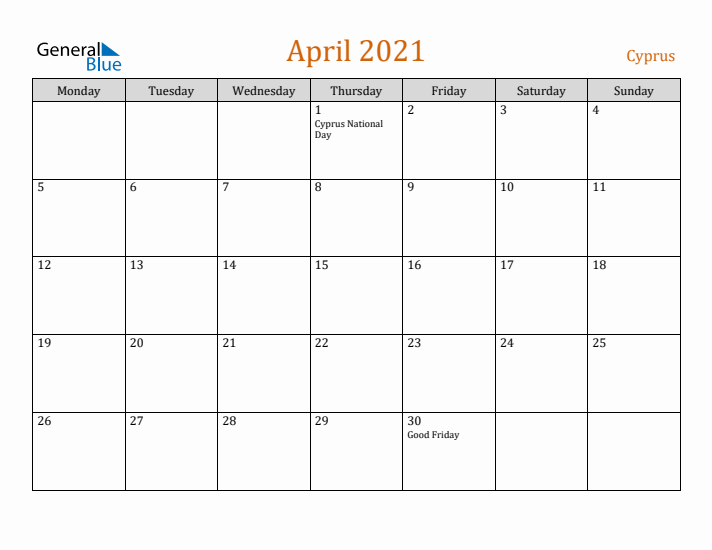 April 2021 Holiday Calendar with Monday Start