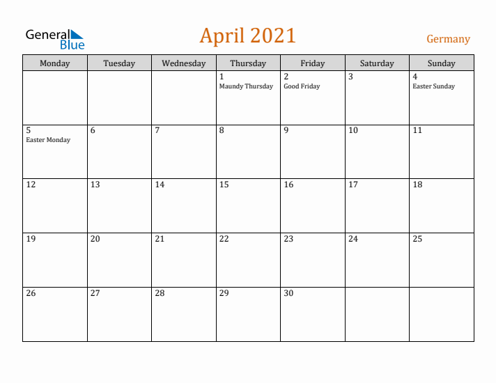 April 2021 Holiday Calendar with Monday Start