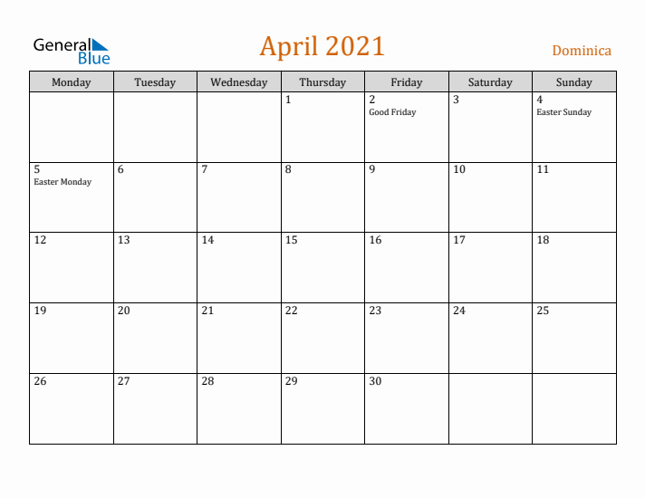 April 2021 Holiday Calendar with Monday Start