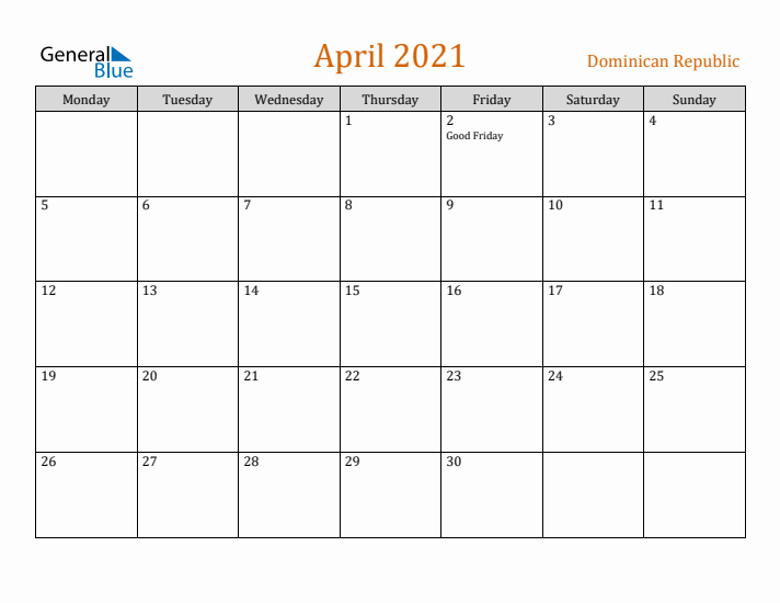 April 2021 Holiday Calendar with Monday Start