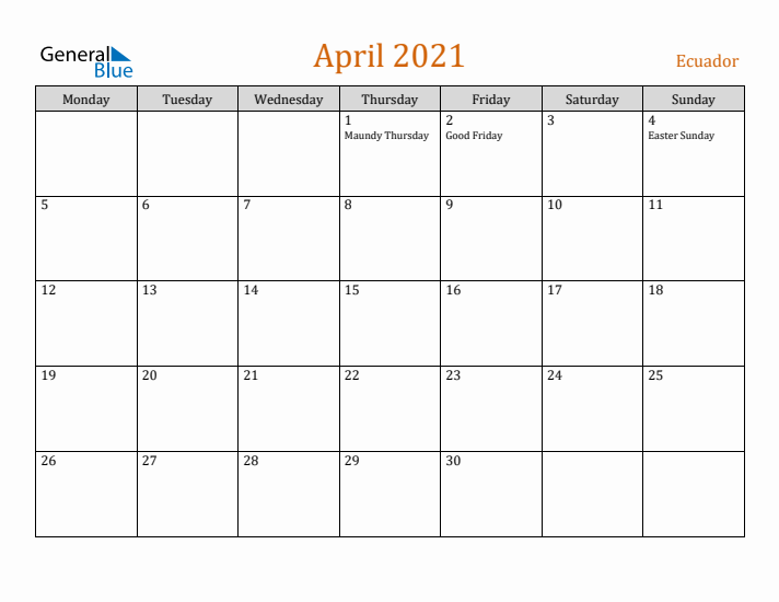 April 2021 Holiday Calendar with Monday Start