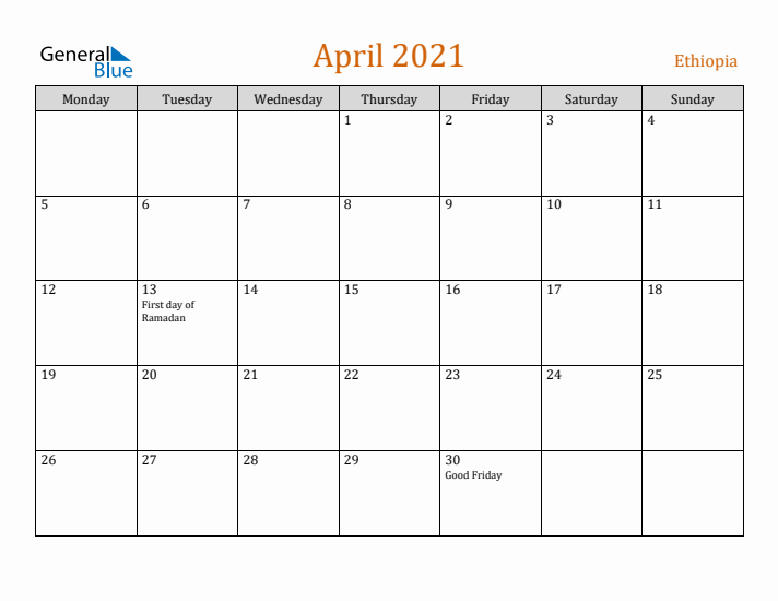 April 2021 Holiday Calendar with Monday Start