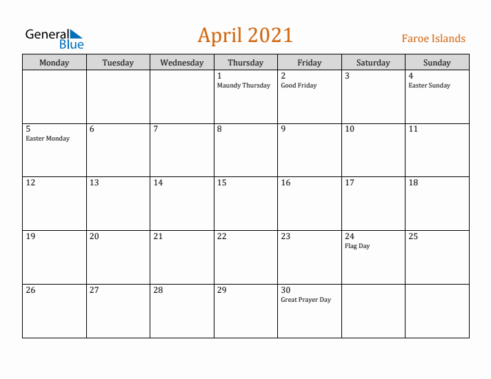 April 2021 Holiday Calendar with Monday Start