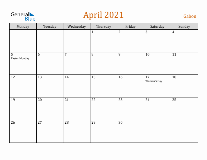 April 2021 Holiday Calendar with Monday Start