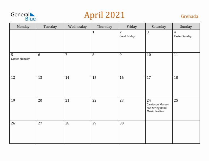 April 2021 Holiday Calendar with Monday Start