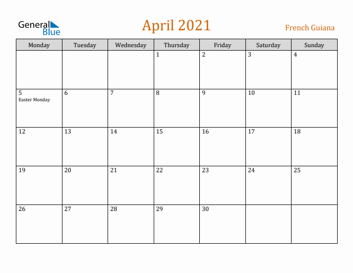 April 2021 Holiday Calendar with Monday Start