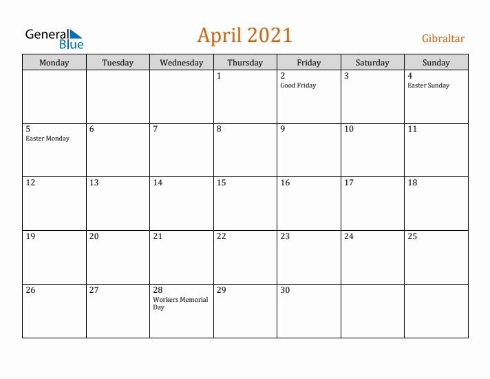 April 2021 Holiday Calendar with Monday Start