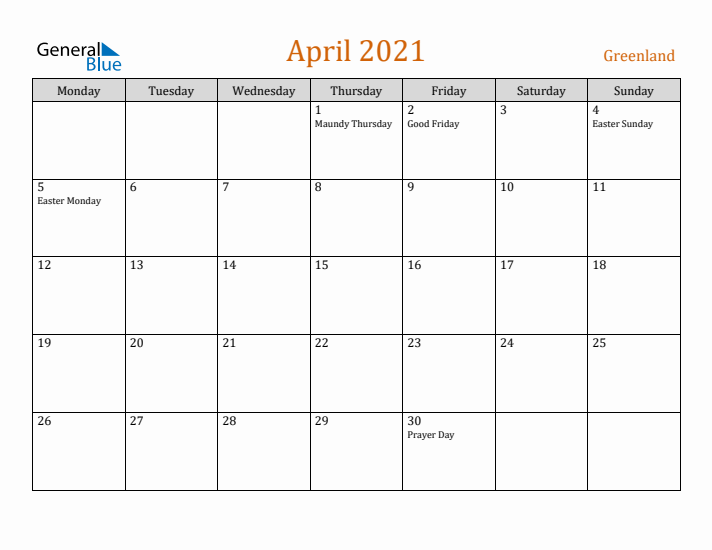 April 2021 Holiday Calendar with Monday Start