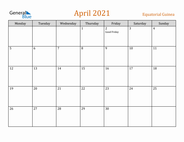 April 2021 Holiday Calendar with Monday Start