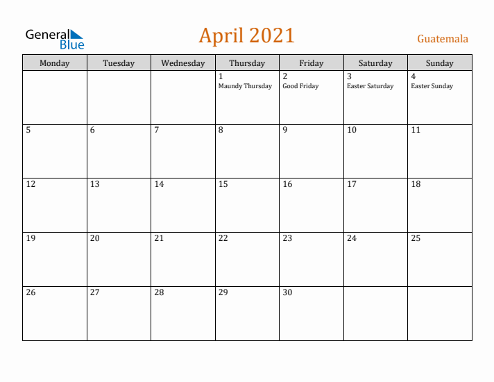 April 2021 Holiday Calendar with Monday Start